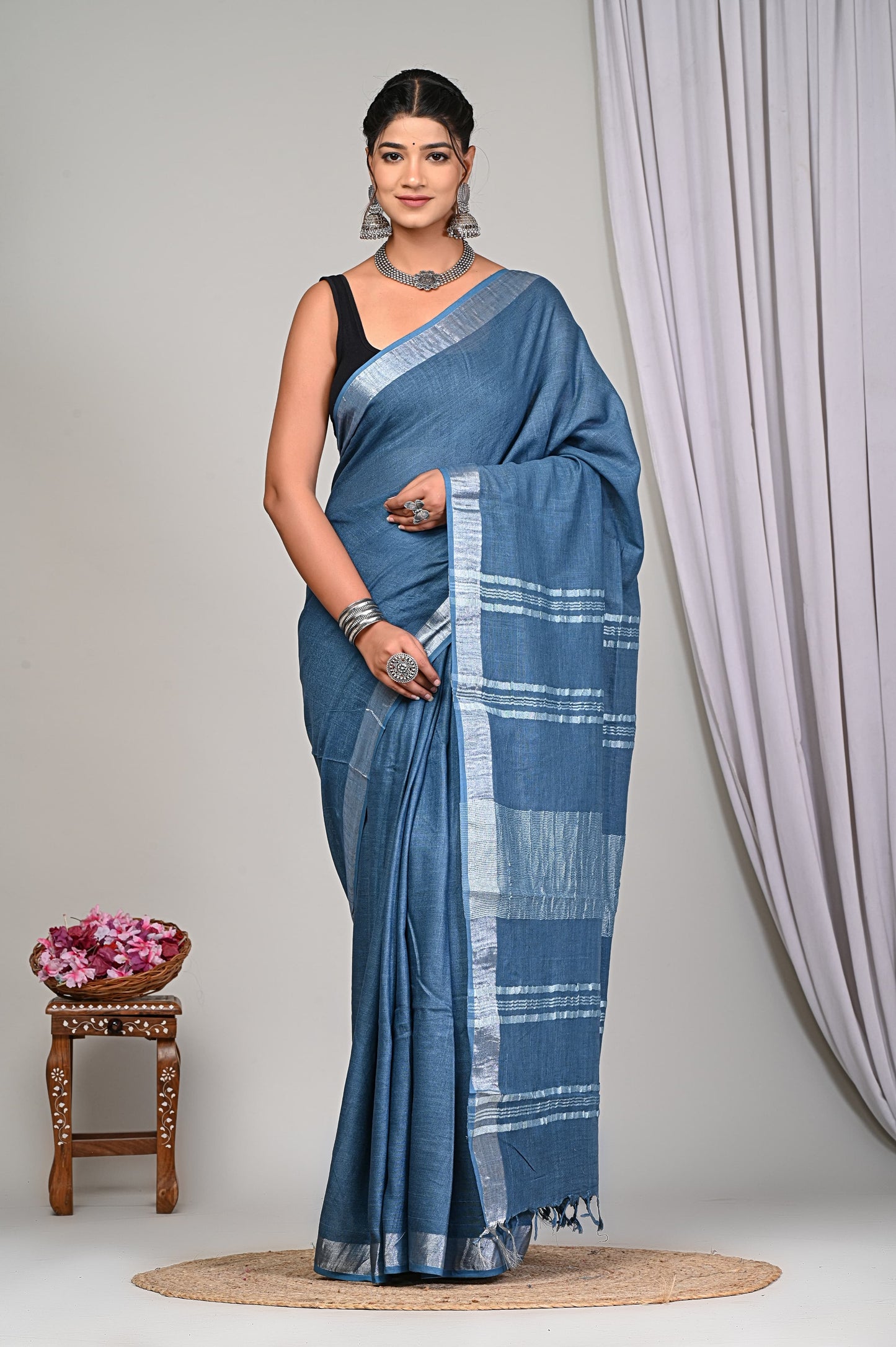Office Wear Plain Linen Saree With Blouse