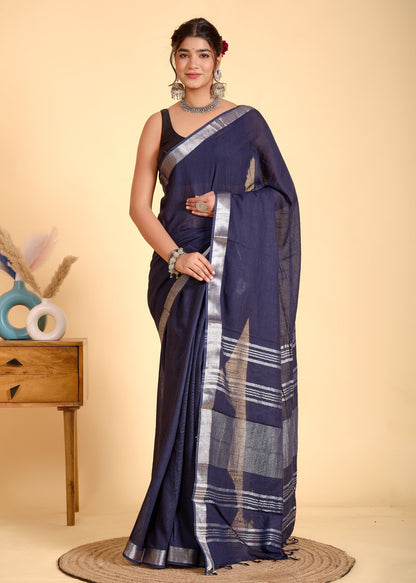 Plain Linen Saree With Blouse piece