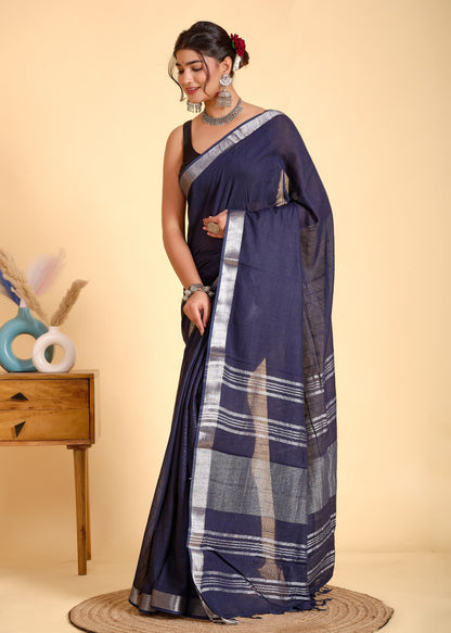 Plain Linen Saree With Blouse piece