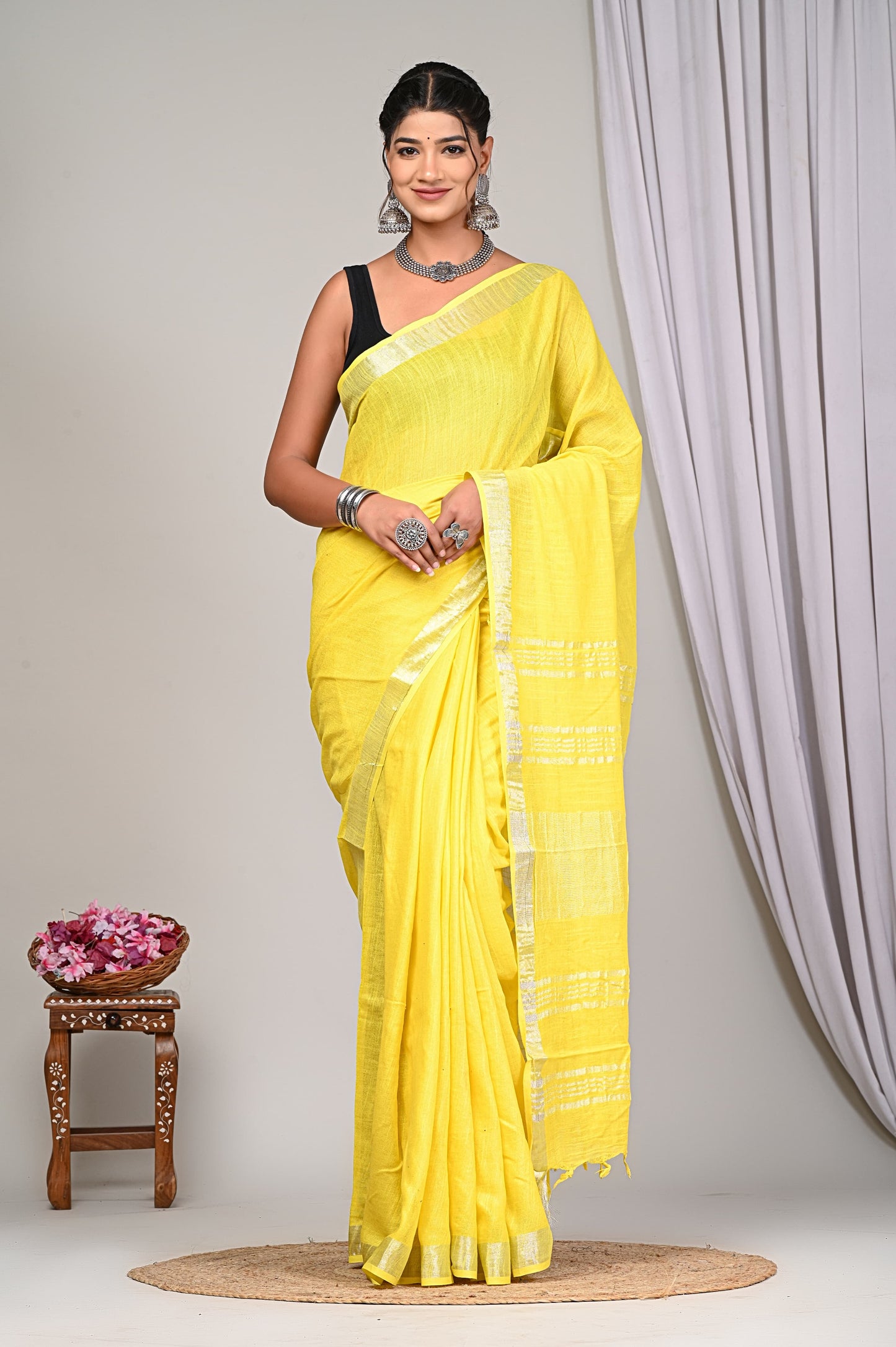 Party Wear Plain Linen Saree With Blouse Piece