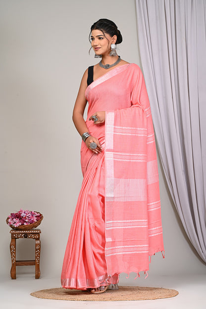 Bagru Prime Plain Linen Saree With Blouse Piece