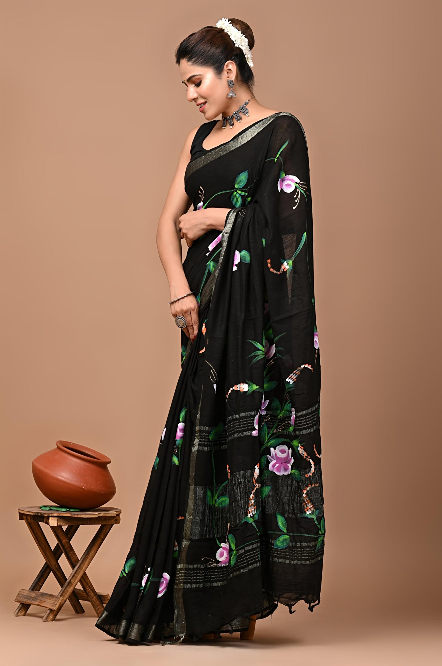 Bagru Prime Printed Cotton Lilen Saree with Blouse