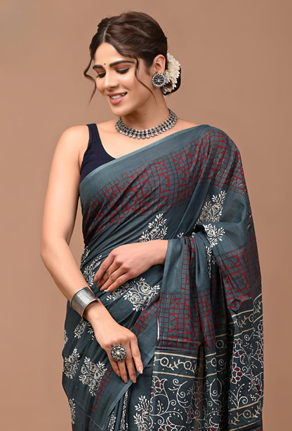 Bagru Prime Summar Cotton Mulmul Saree with Blouse