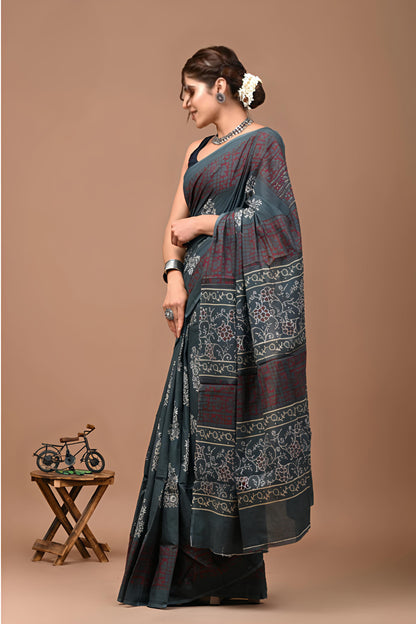 Bagru Prime Summar Cotton Mulmul Saree with Blouse