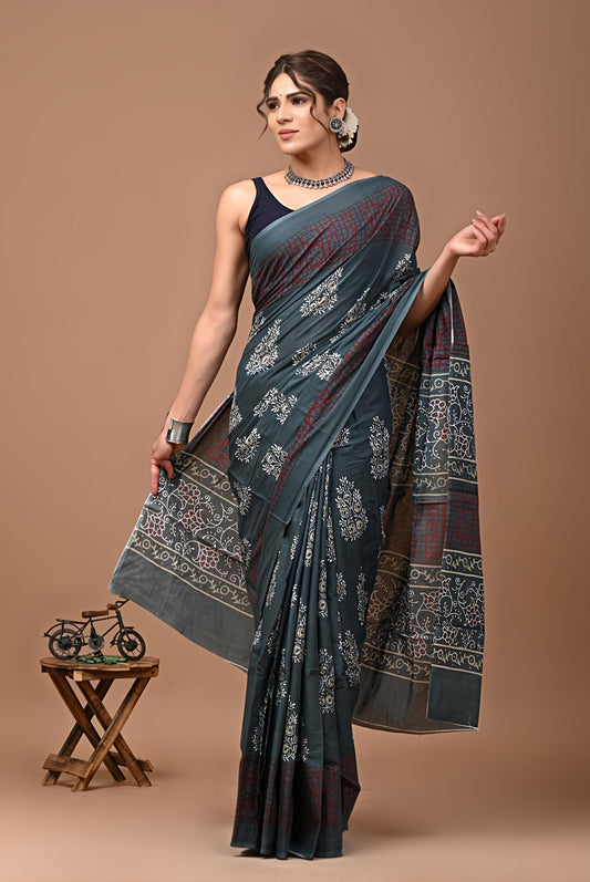 Bagru Prime Summar Cotton Mulmul Saree with Blouse