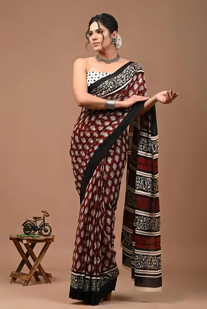 Bagru Prime Pure cotton mulmul saree with blouse