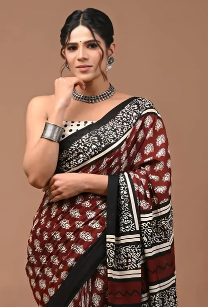 Bagru Prime Pure cotton mulmul saree with blouse