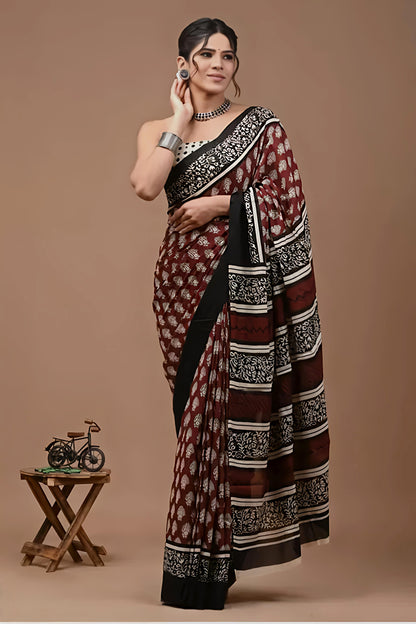 Bagru Prime Pure cotton mulmul saree with blouse