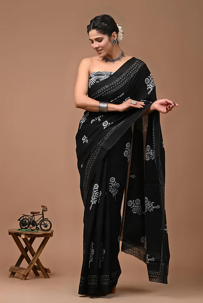 Black Love Pure Cotton Mulmul Saree with Blouse