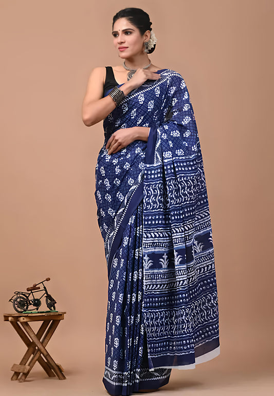 Indigo Love Pure Cotton Mulmul Saree