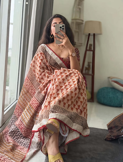 Bagru Print Pure Lilen Sarees With blouse