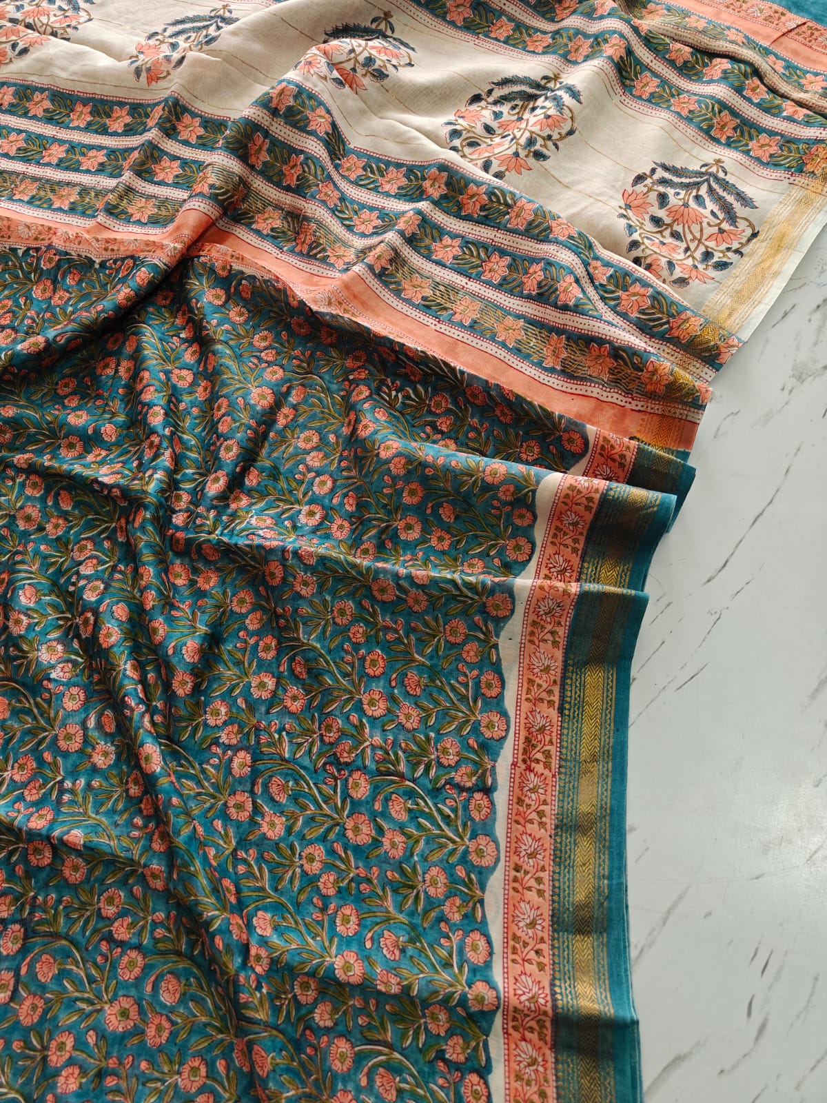 Bagru block Printed Maheshwari silk saree