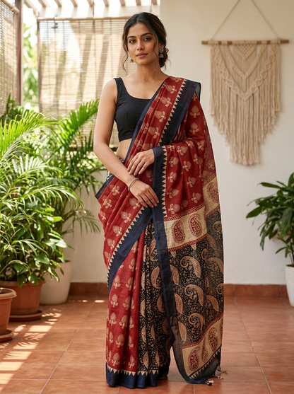 Bagru Print Lilen Saree With Blouse