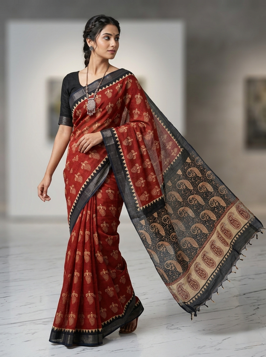 Bagru Print Lilen Saree With Blouse