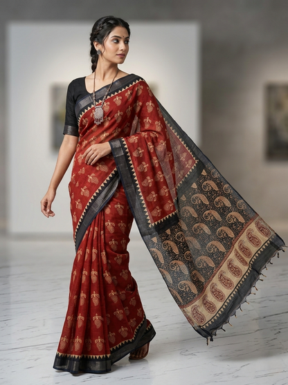 Bagru Print Lilen Saree With Blouse