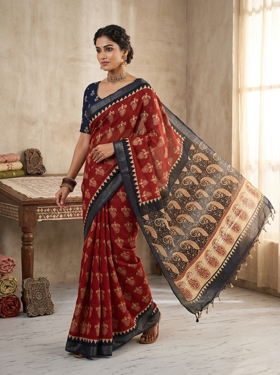 Bagru Print Lilen Saree With Blouse
