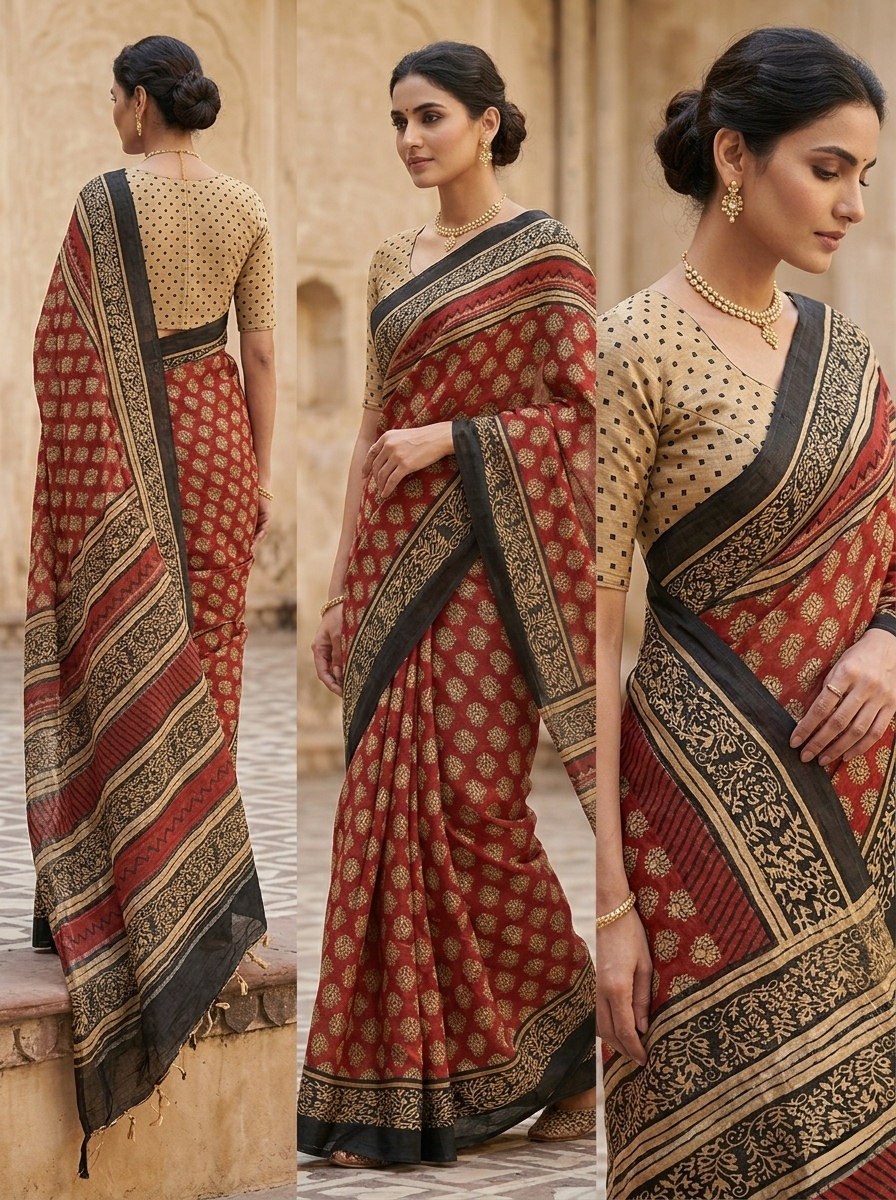 BAGRU Print Lilen Saree With Blouse