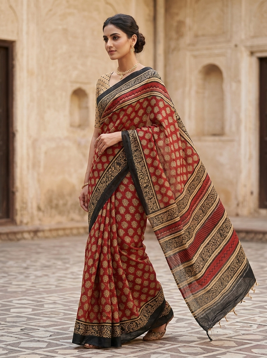 BAGRU Print Lilen Saree With Blouse