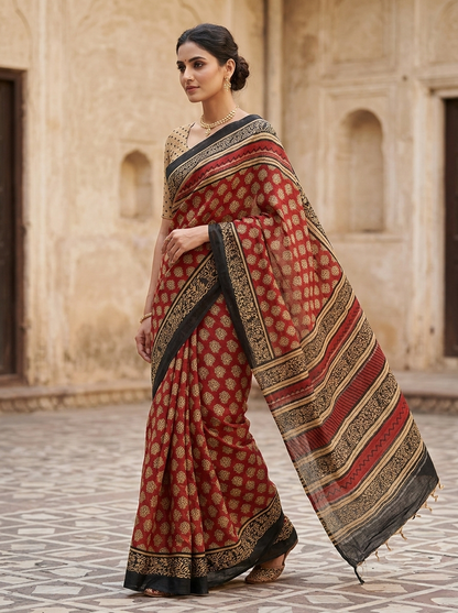 BAGRU Print Lilen Saree With Blouse