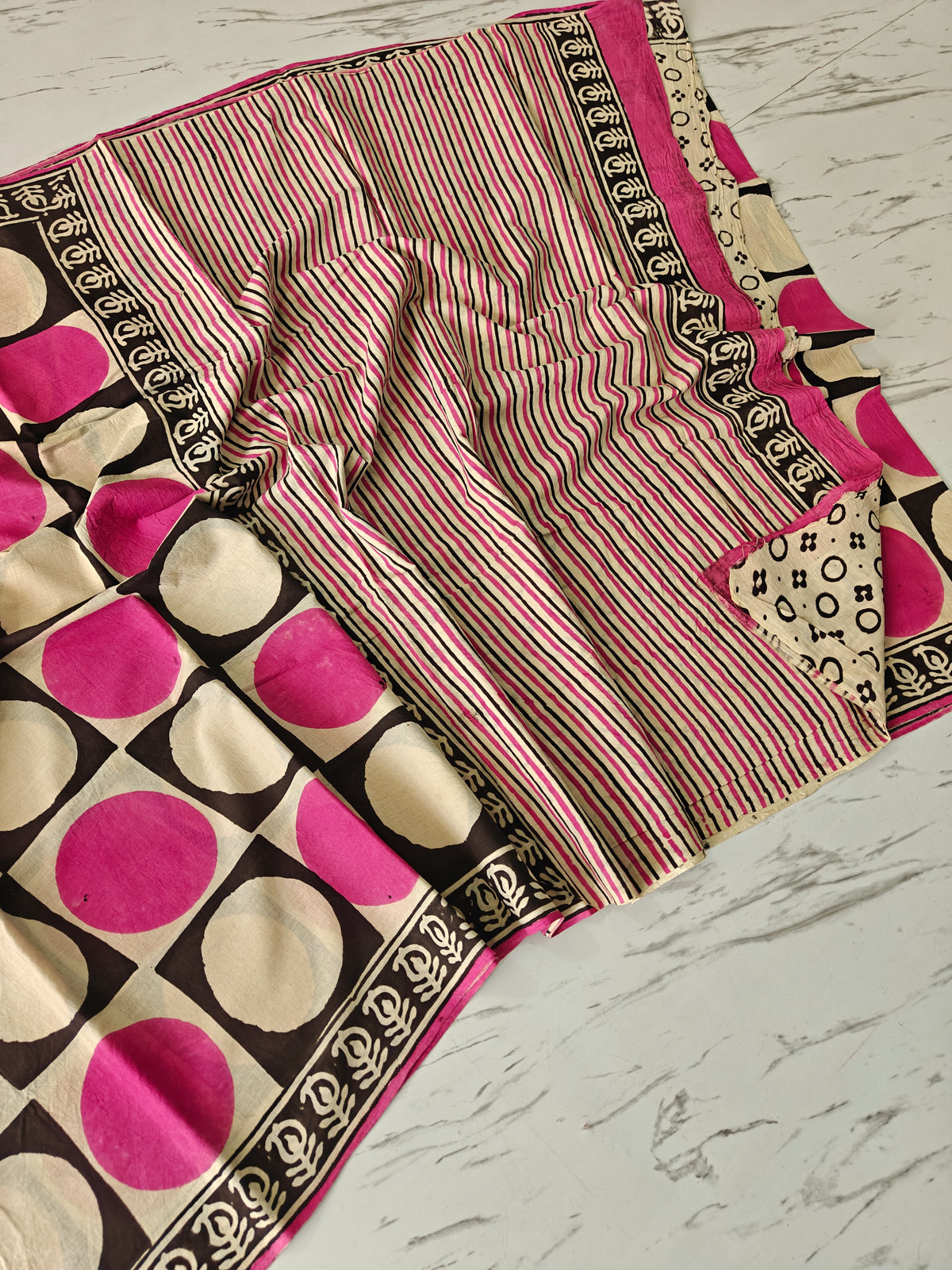 BAGRU Hand Block Printed Cotton Mulmul Saree with Blouse