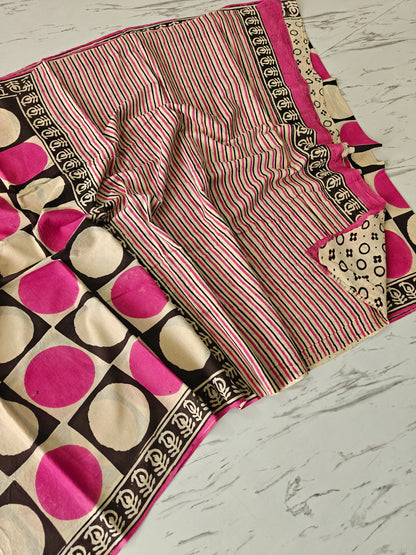 BAGRU Hand Block Printed Cotton Mulmul Saree with Blouse