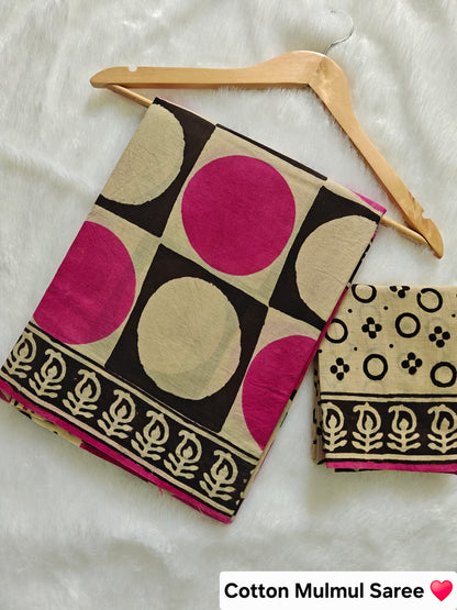 BAGRU Hand Block Printed Cotton Mulmul Saree with Blouse