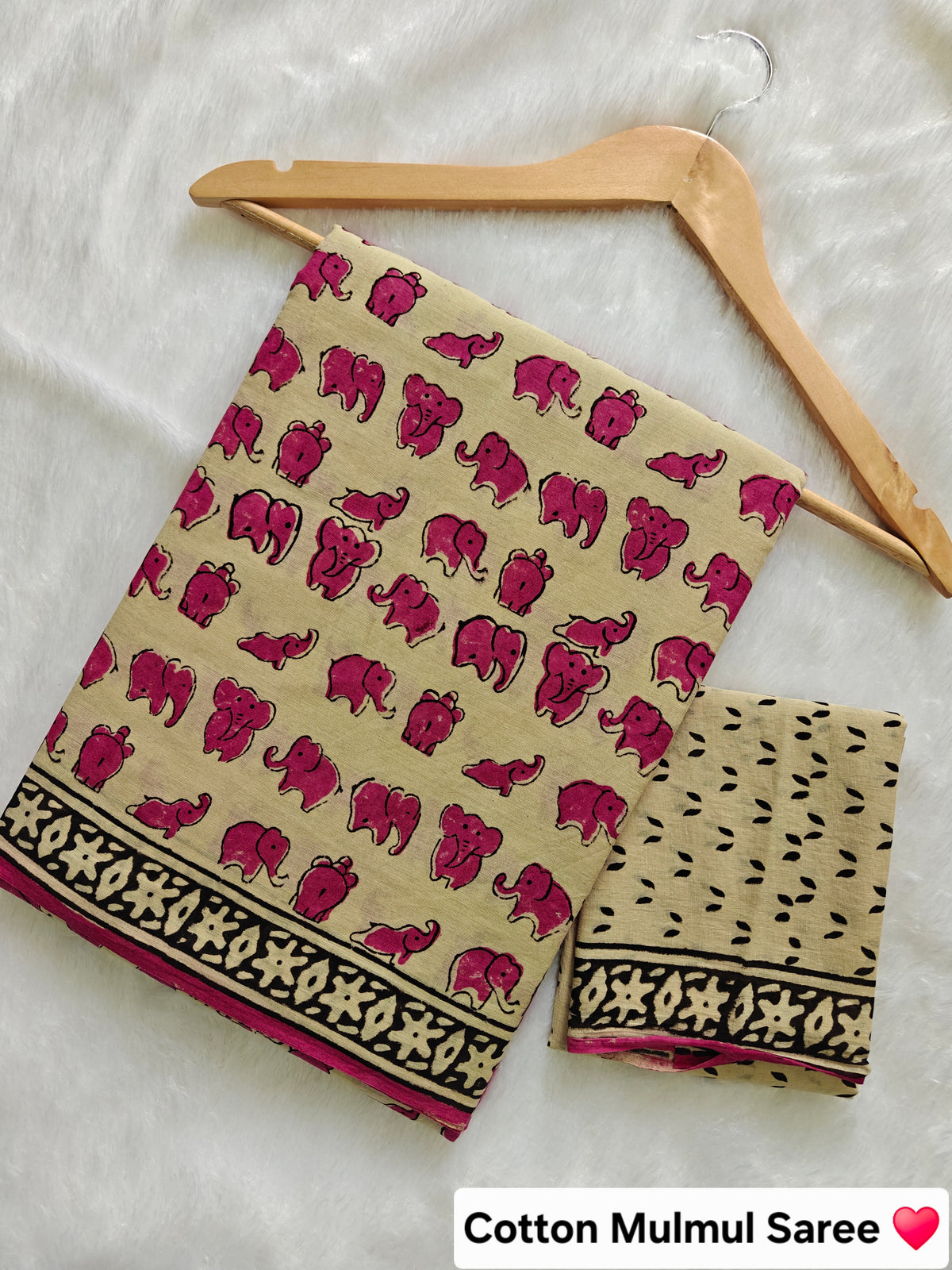 Pink Elephant BAGRU Hand Block Printed Saree with Blouse