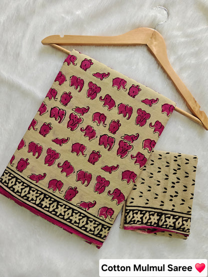 Pink Elephant BAGRU Hand Block Printed Saree with Blouse