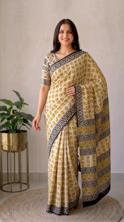 Yellow Elephent Hand Block Printed Cotton Mulmul Saree with Blouse