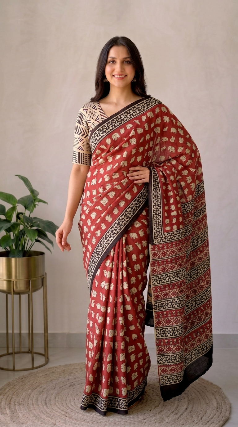 Red Elephant BAGRU Hand Block Printed Cotton Mulmul Saree with Blouse