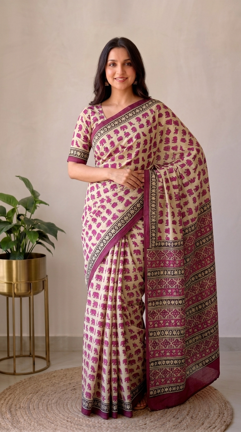 Pink Elephant BAGRU Hand Block Printed Saree with Blouse
