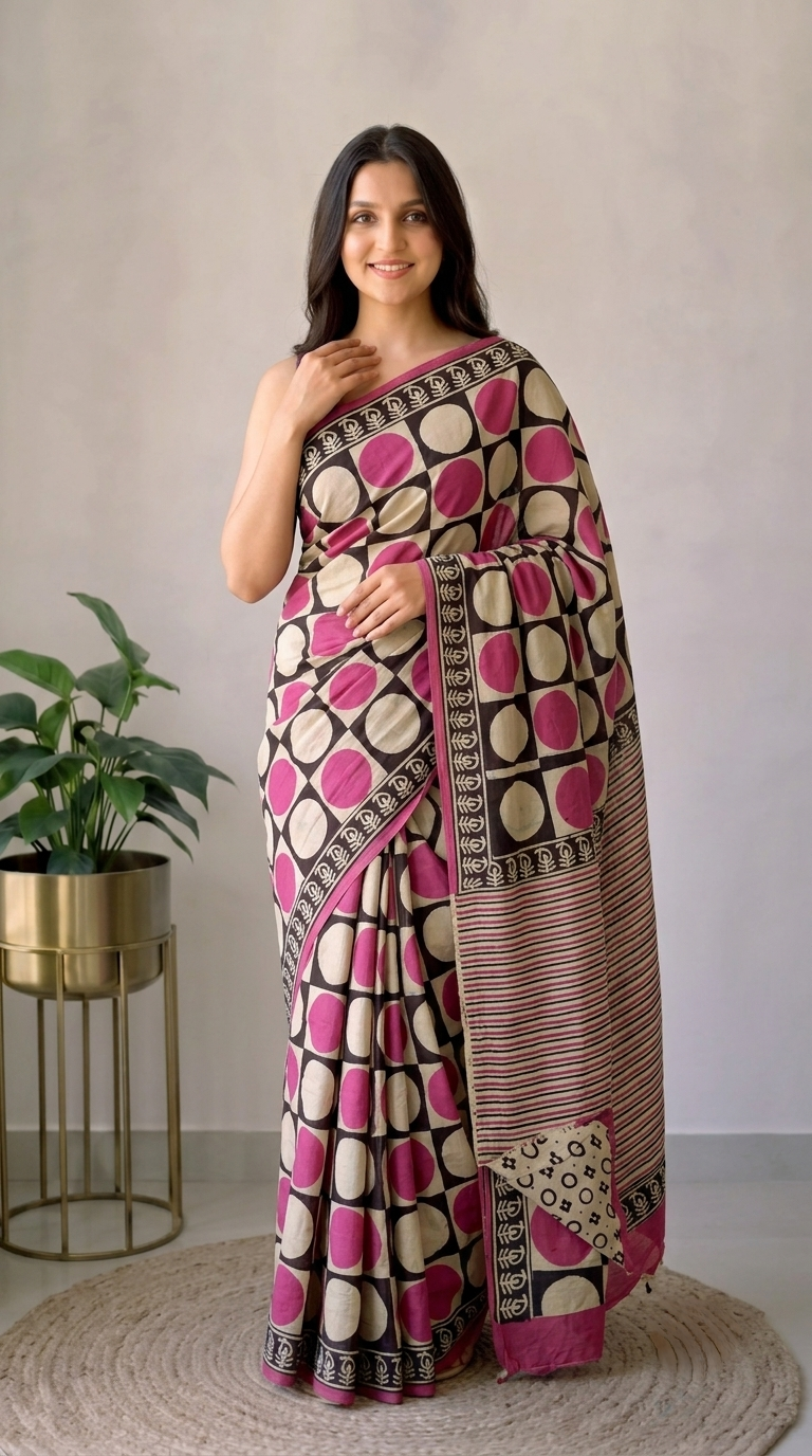 BAGRU Hand Block Printed Cotton Mulmul Saree with Blouse