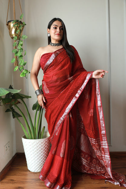 Bagru Prime Linen Saree With Blouse