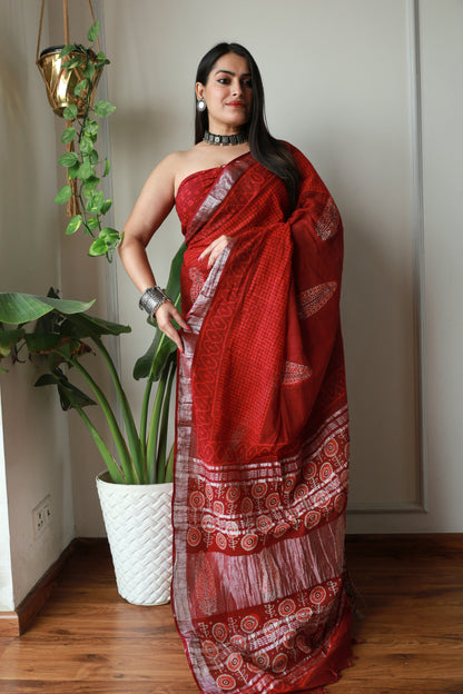 Bagru Prime Linen Saree With Blouse