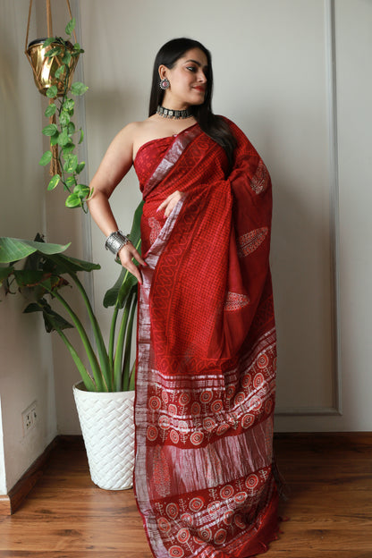 Bagru Prime Linen Saree With Blouse