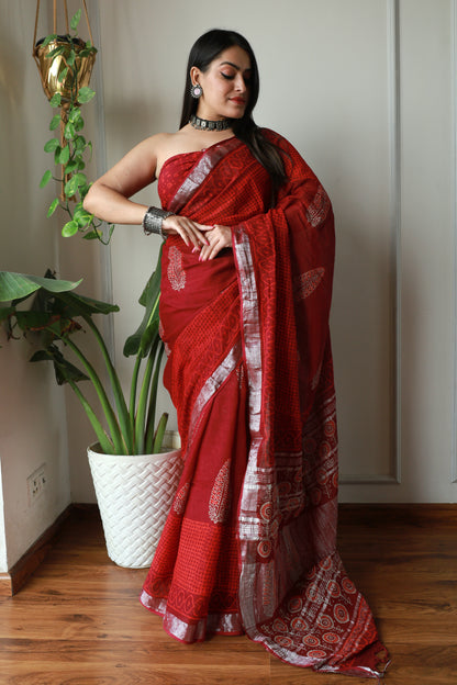 Bagru Prime Linen Saree With Blouse