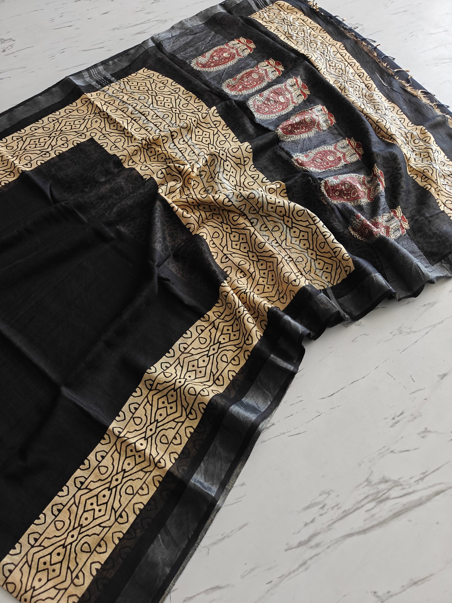 BAGRU Prime Black Lilen Saree With Blouse