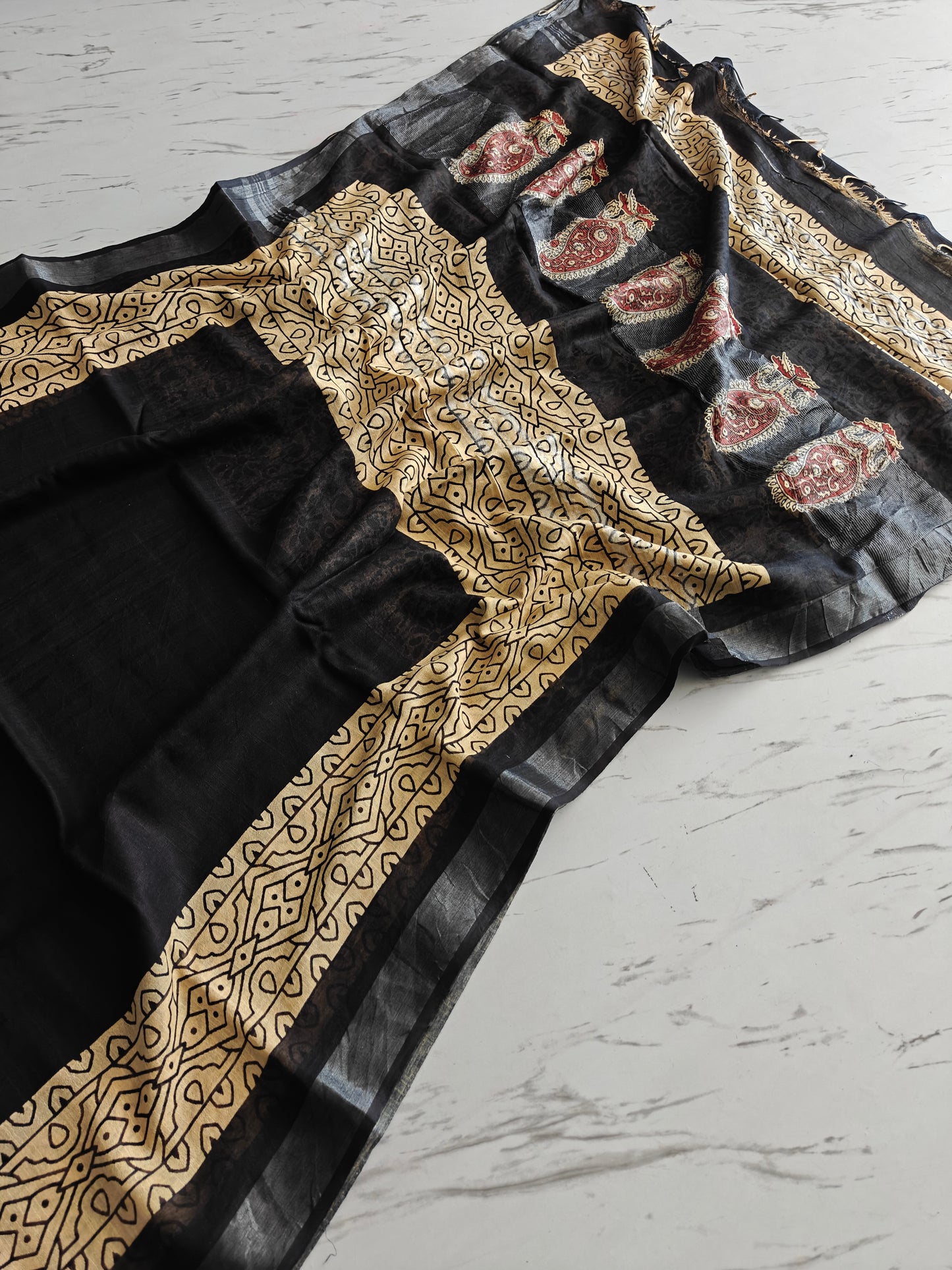 BAGRU Prime Black Lilen Saree With Blouse