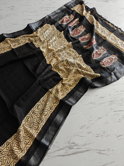 BAGRU Prime Black Lilen Saree With Blouse