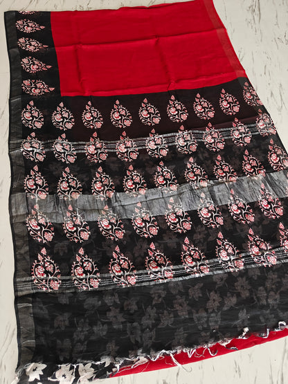 Red Love BAGRU PRINT Lilen Saree With Blouse