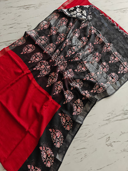 Red Love BAGRU PRINT Lilen Saree With Blouse
