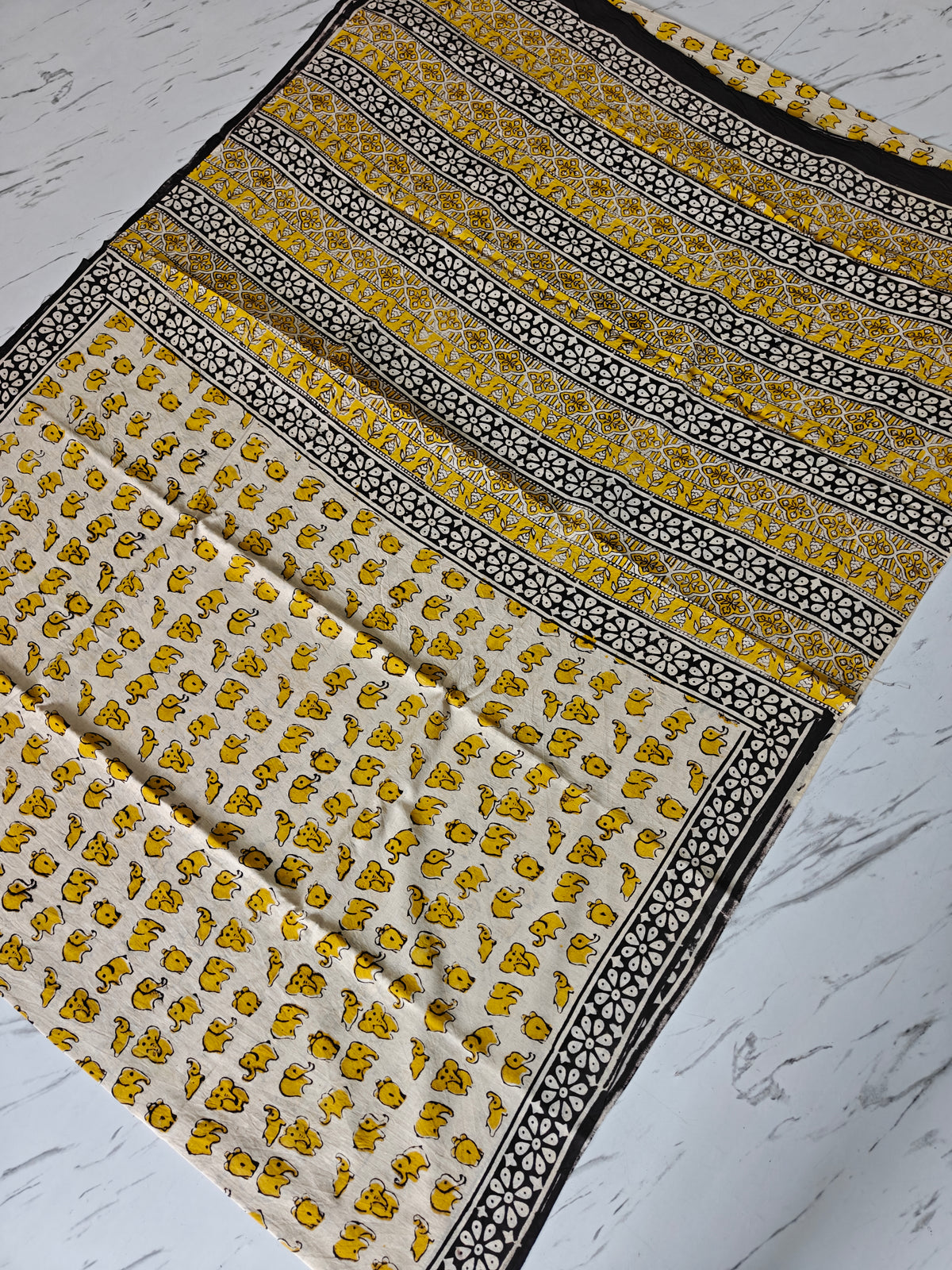 Yellow Elephent Hand Block Printed Cotton Mulmul Saree with Blouse