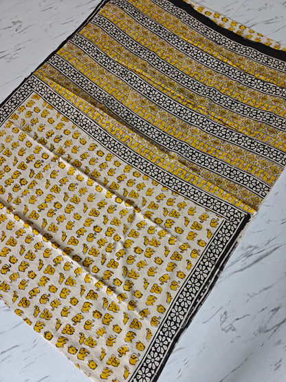 Yellow Elephent Hand Block Printed Cotton Mulmul Saree with Blouse