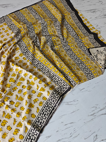 Yellow Elephent Hand Block Printed Cotton Mulmul Saree with Blouse