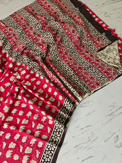 Red Elephant BAGRU Hand Block Printed Cotton Mulmul Saree with Blouse