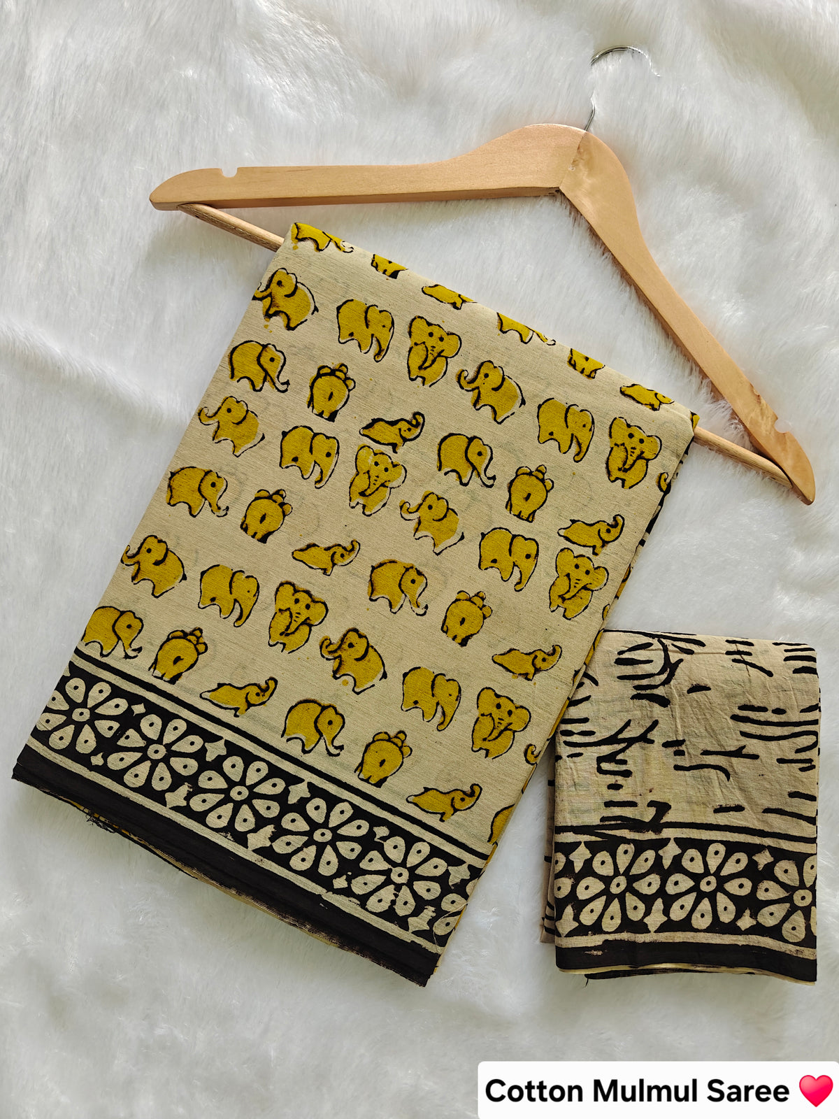 Yellow Elephent Hand Block Printed Cotton Mulmul Saree with Blouse