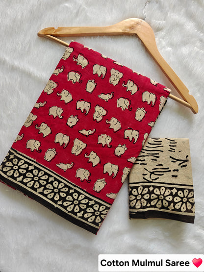 Red Elephant BAGRU Hand Block Printed Cotton Mulmul Saree with Blouse