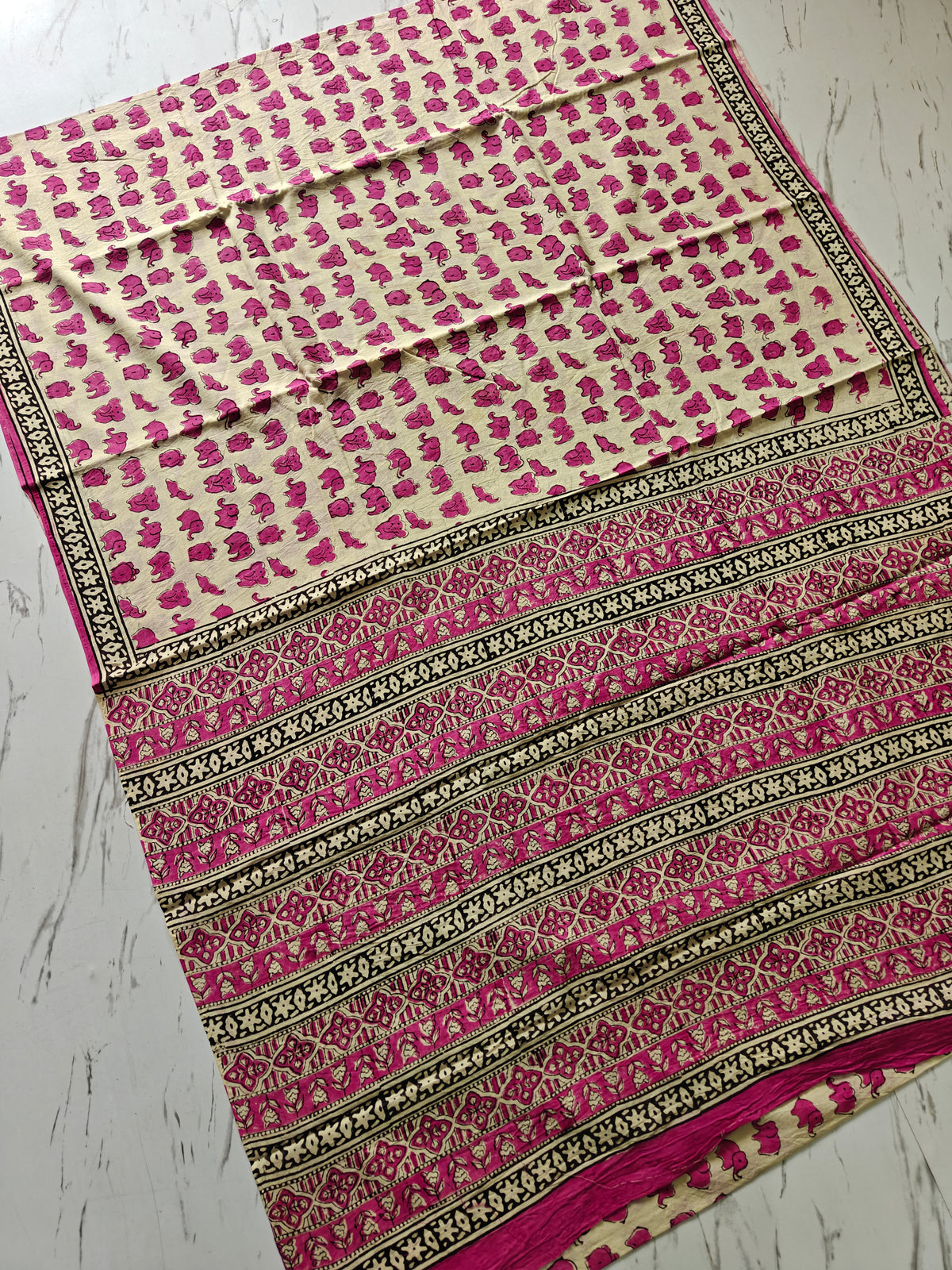 Pink Elephant BAGRU Hand Block Printed Saree with Blouse