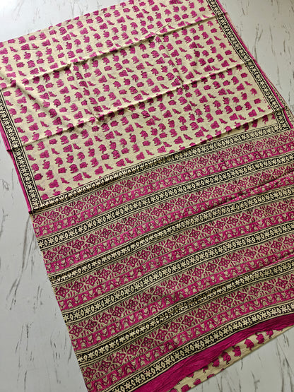 Pink Elephant BAGRU Hand Block Printed Saree with Blouse