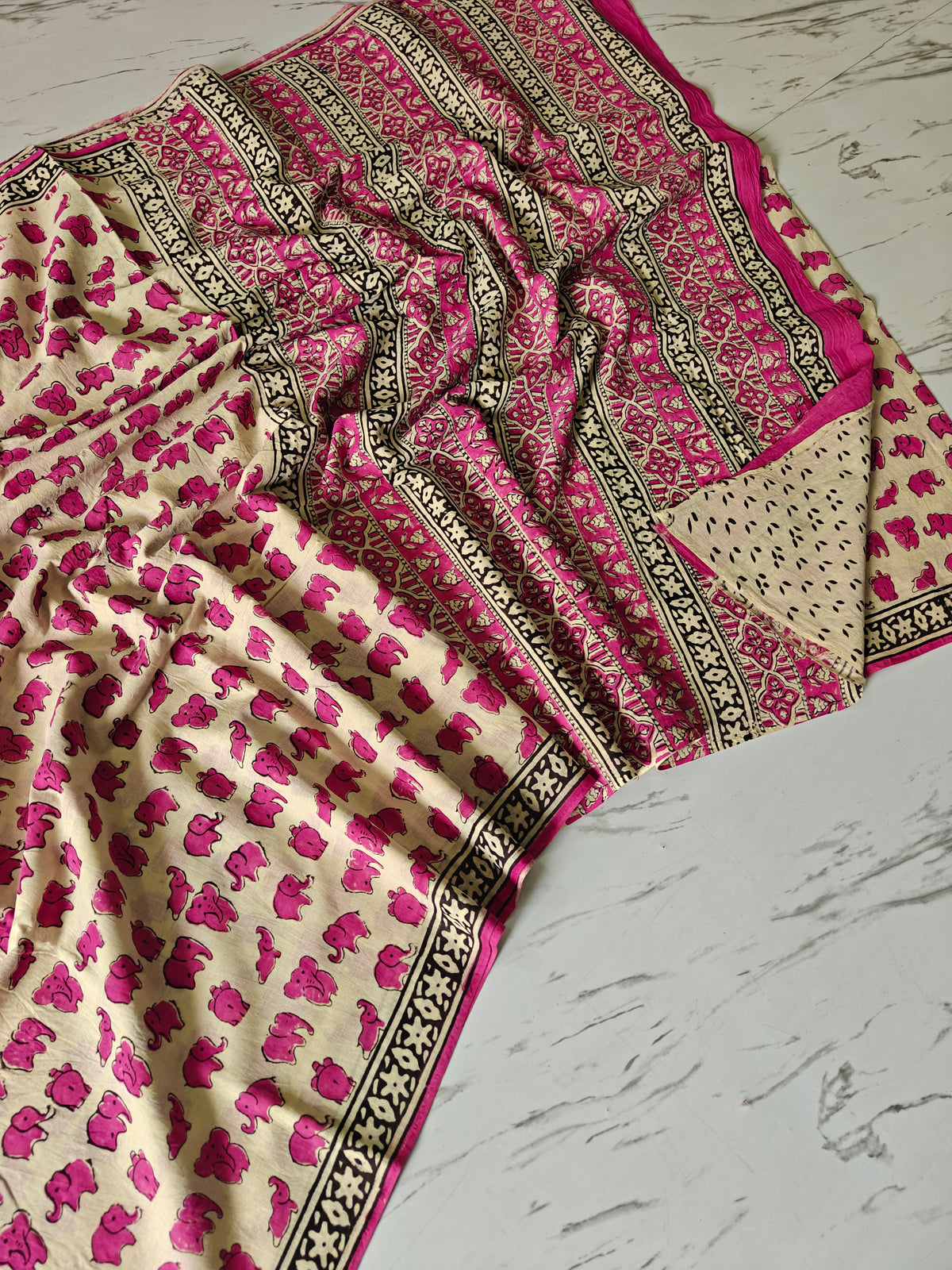 Pink Elephant BAGRU Hand Block Printed Saree with Blouse